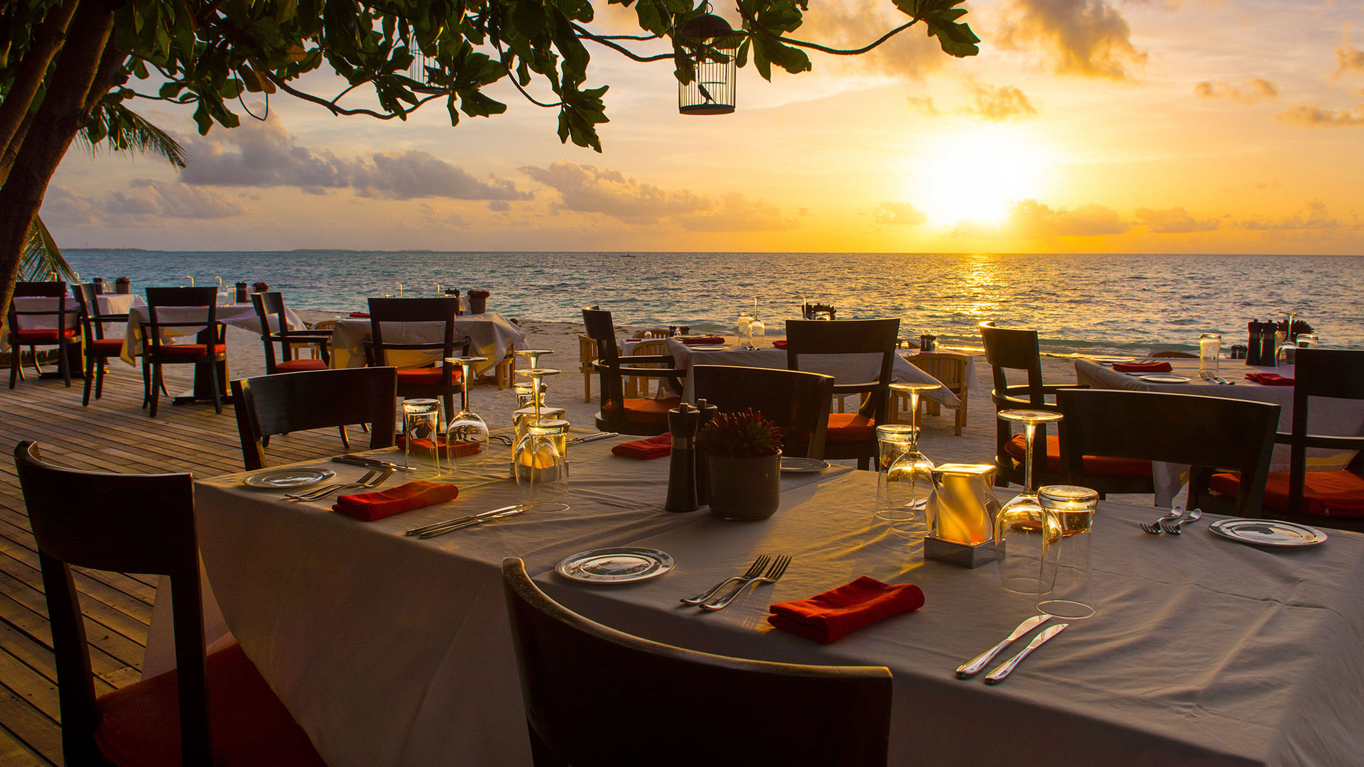 Seaside Terrace dining at sunset at Round Hill Resort Montego Bay Jamaica