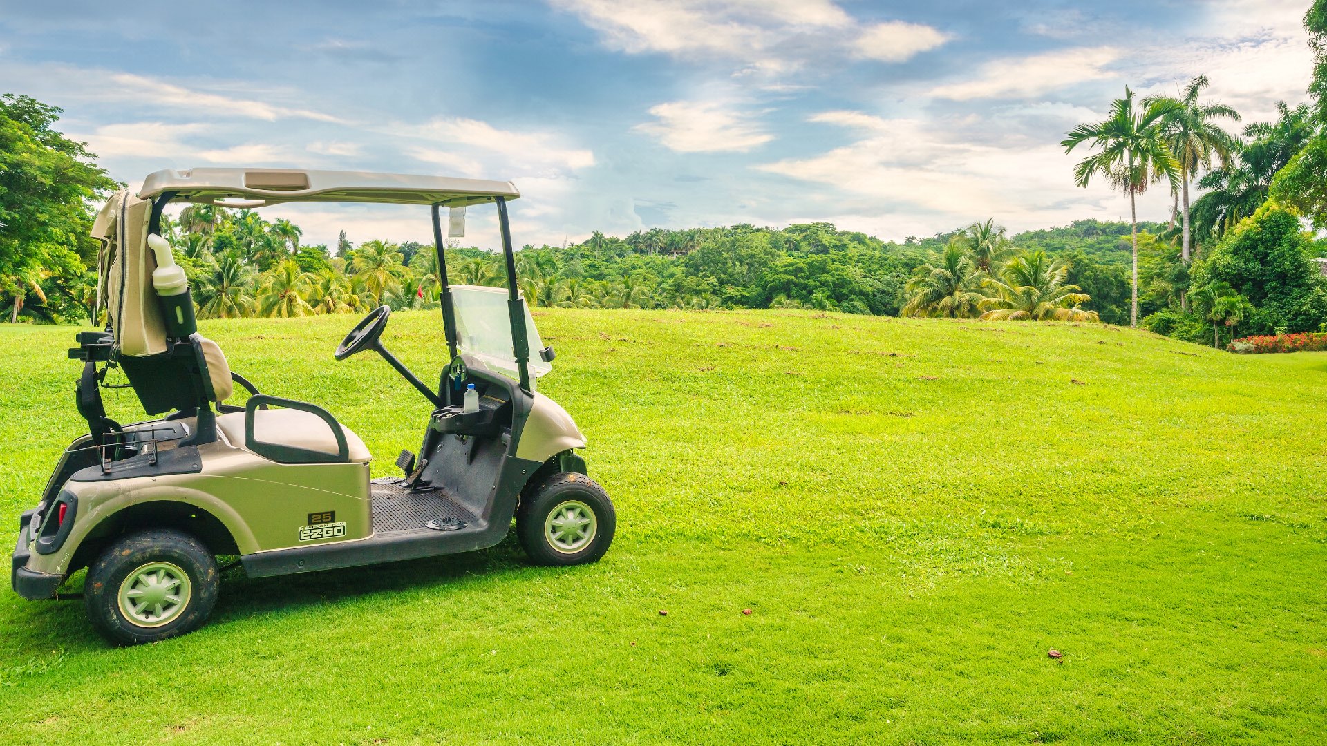 Golf cart on tropical golf course fairway at Tryall Club Montego Bay Jamaica with palm trees.