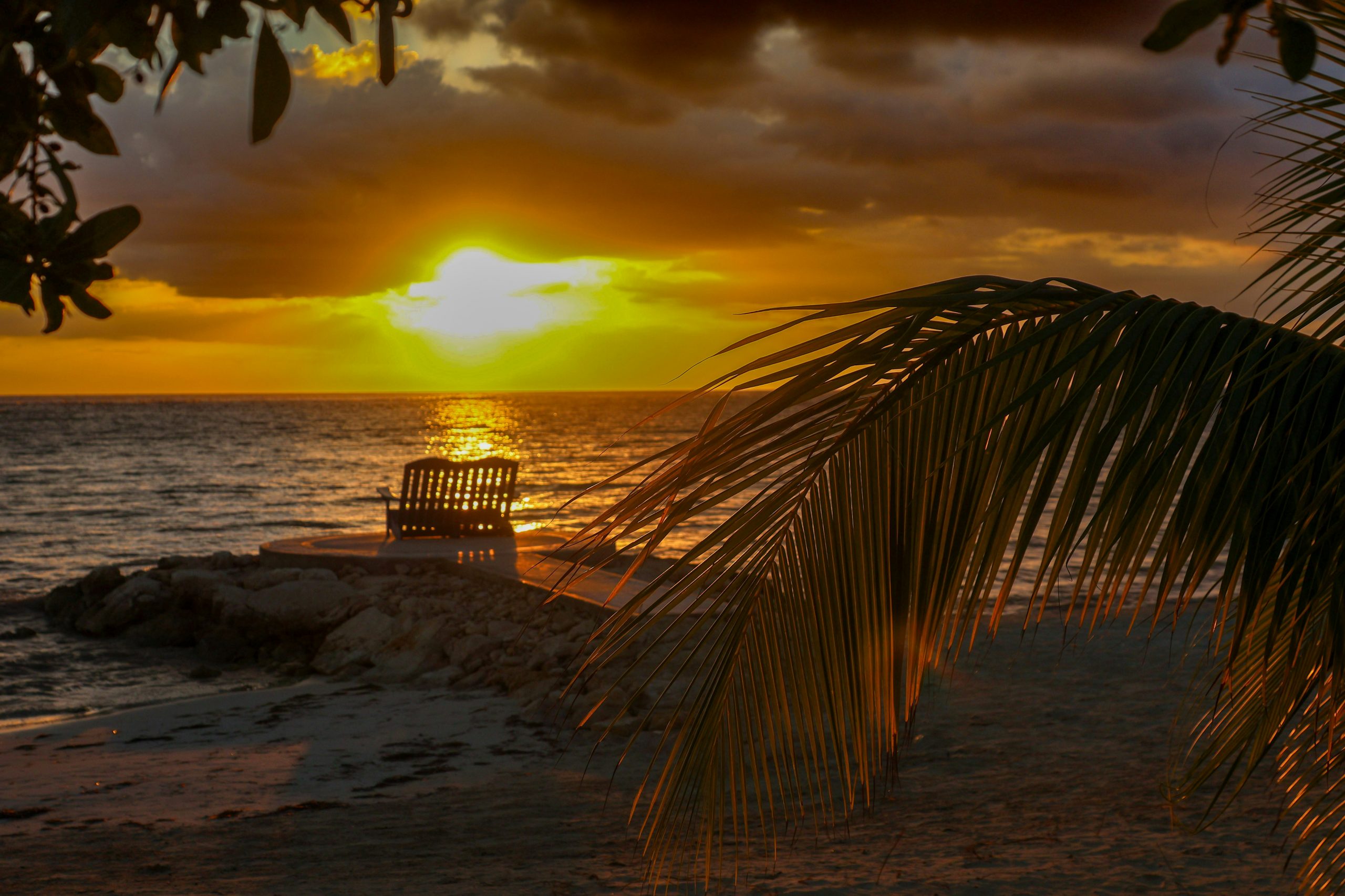 Stunning Caribbean sunset from the beach at Montego Bay Jamaica with palm tree and seat for two