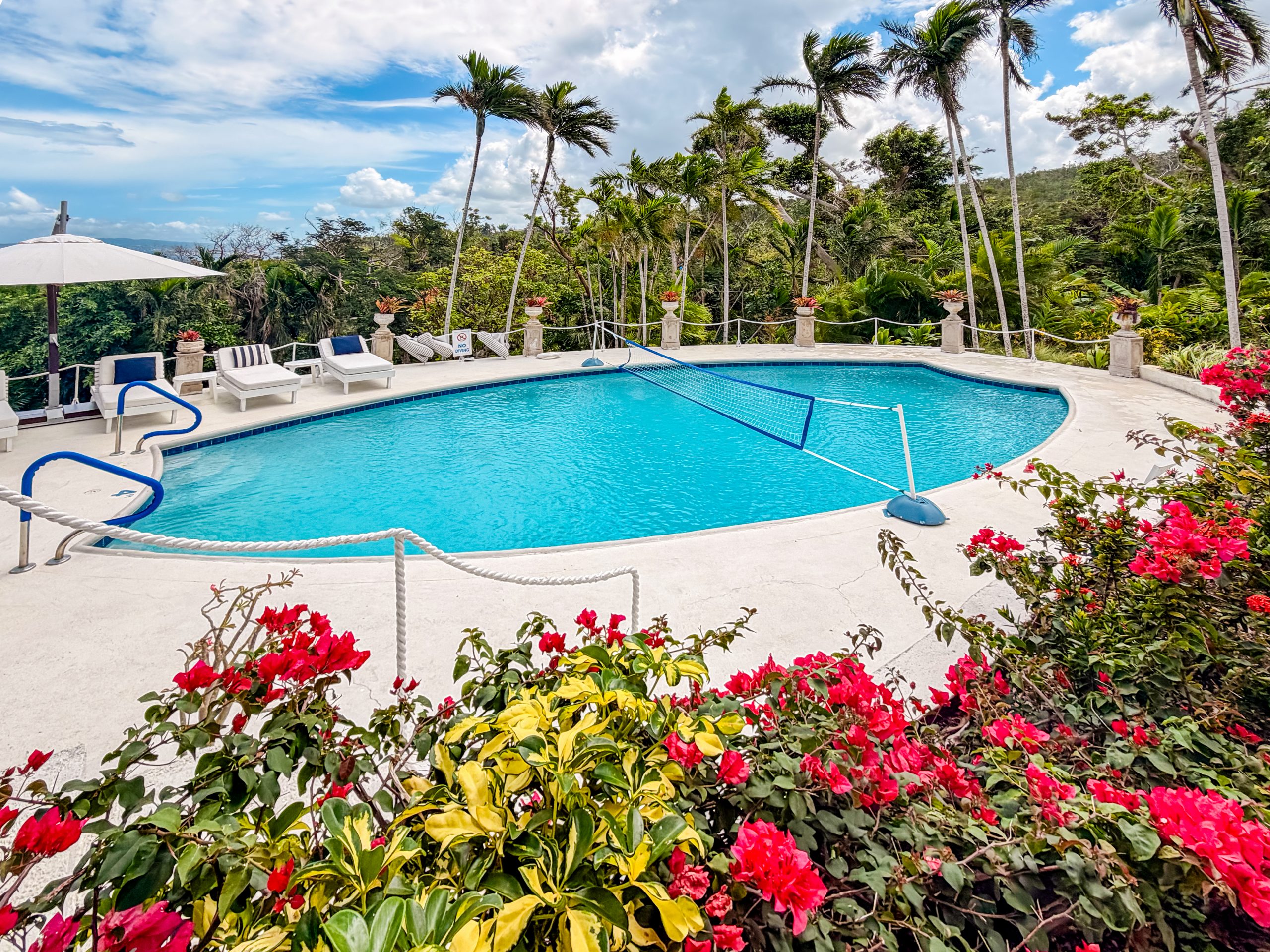 Travelling to Jamaica. Curved swimming pool at Coconut Cottage with water volleyball net, tropical gardens and lounge chairs.